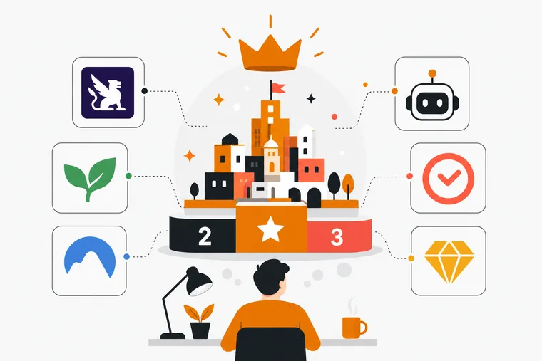 Six app icons for gamified productivity tools arranged on a desk next to a notebook and a coffee cup