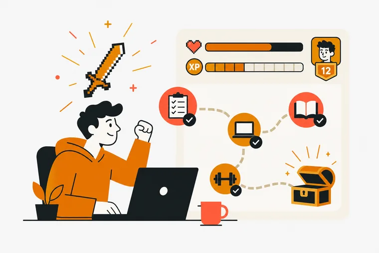 A character level up screen overlaid on a real desk with a notebook and tasks representing a productivity RPG system