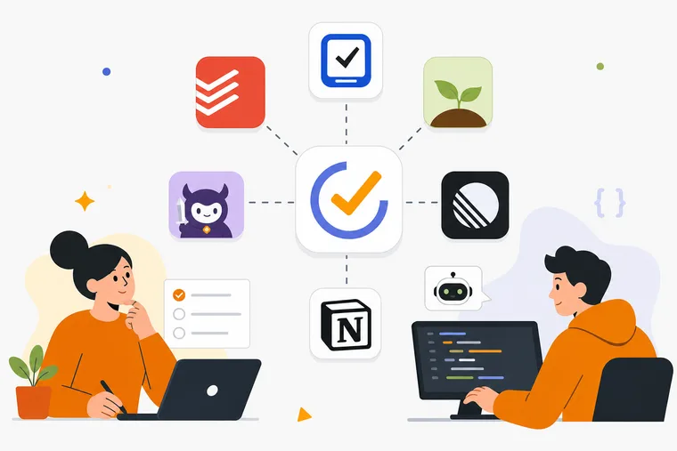 Several productivity app interfaces displayed side by side on a laptop and smartphone screen