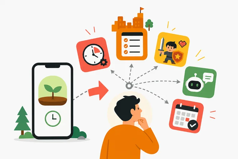 Side-by-side view of several focus and productivity app interfaces on a smartphone screen