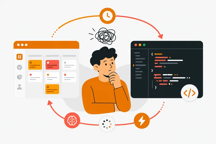 A developer at a desk surrounded by multiple open browser tabs and notification popups, looking distracted from their code