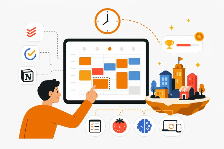 A weekly schedule on a laptop screen with colour-coded time blocks and a focus timer running alongside a task list