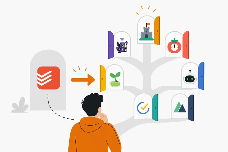 A grid of task management app icons arranged on a desk alongside a notebook and a coffee cup