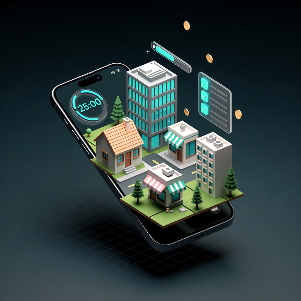 Dovilo App — isometric city with buildings, roads, and trees bursting from an iPhone, representing gamified productivity where completed to-do tasks and focus sessions build a virtual city