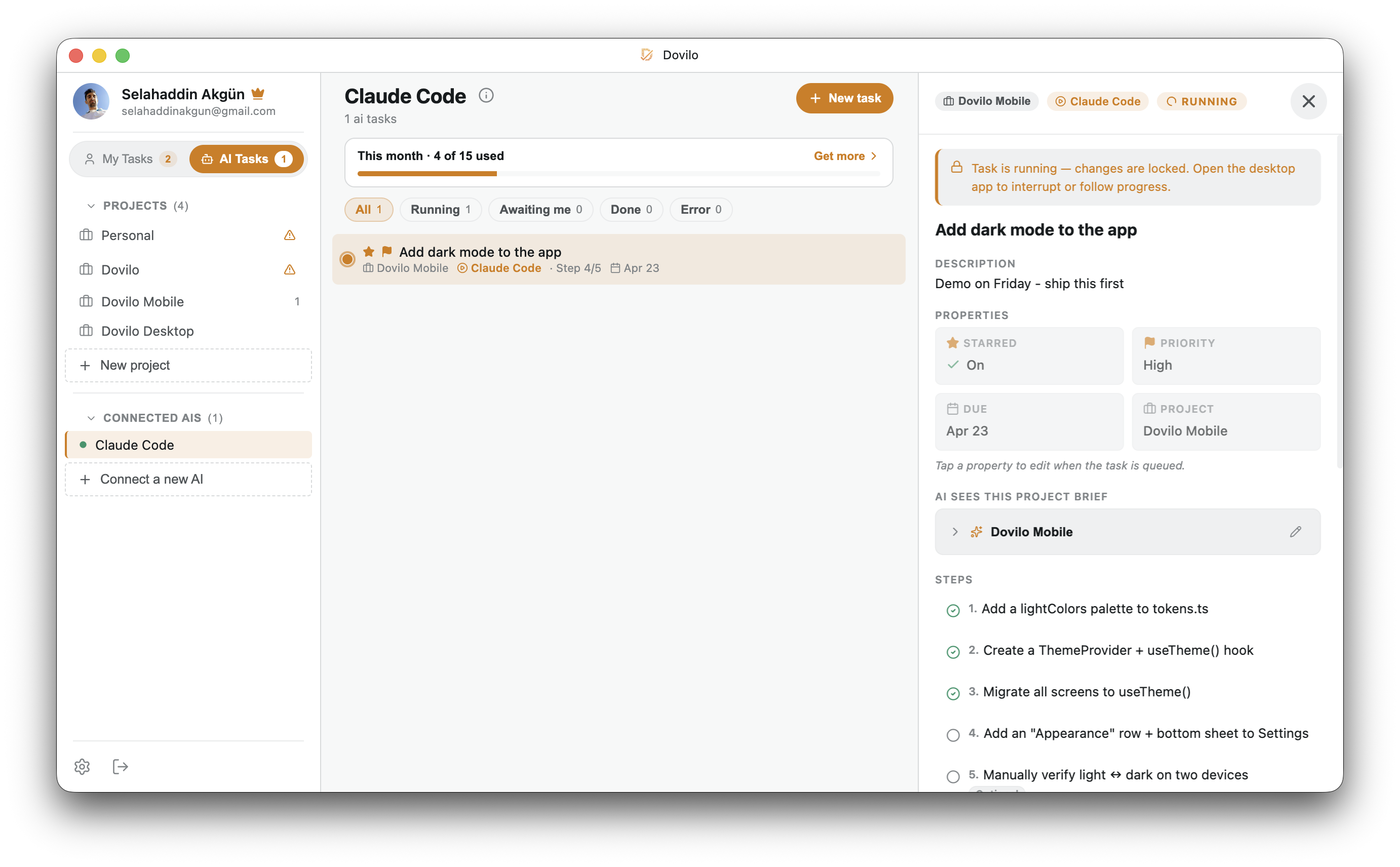 Dovilo desktop app — AI Tasks view showing Claude Code running a multi-step task with progress steps and agent notes