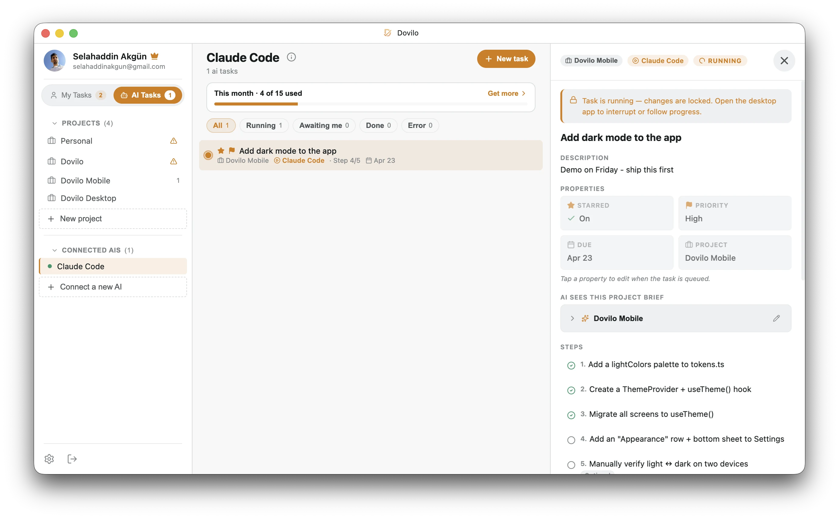 Dovilo desktop app — AI Tasks view showing Claude Code running a multi-step task with progress steps and agent notes