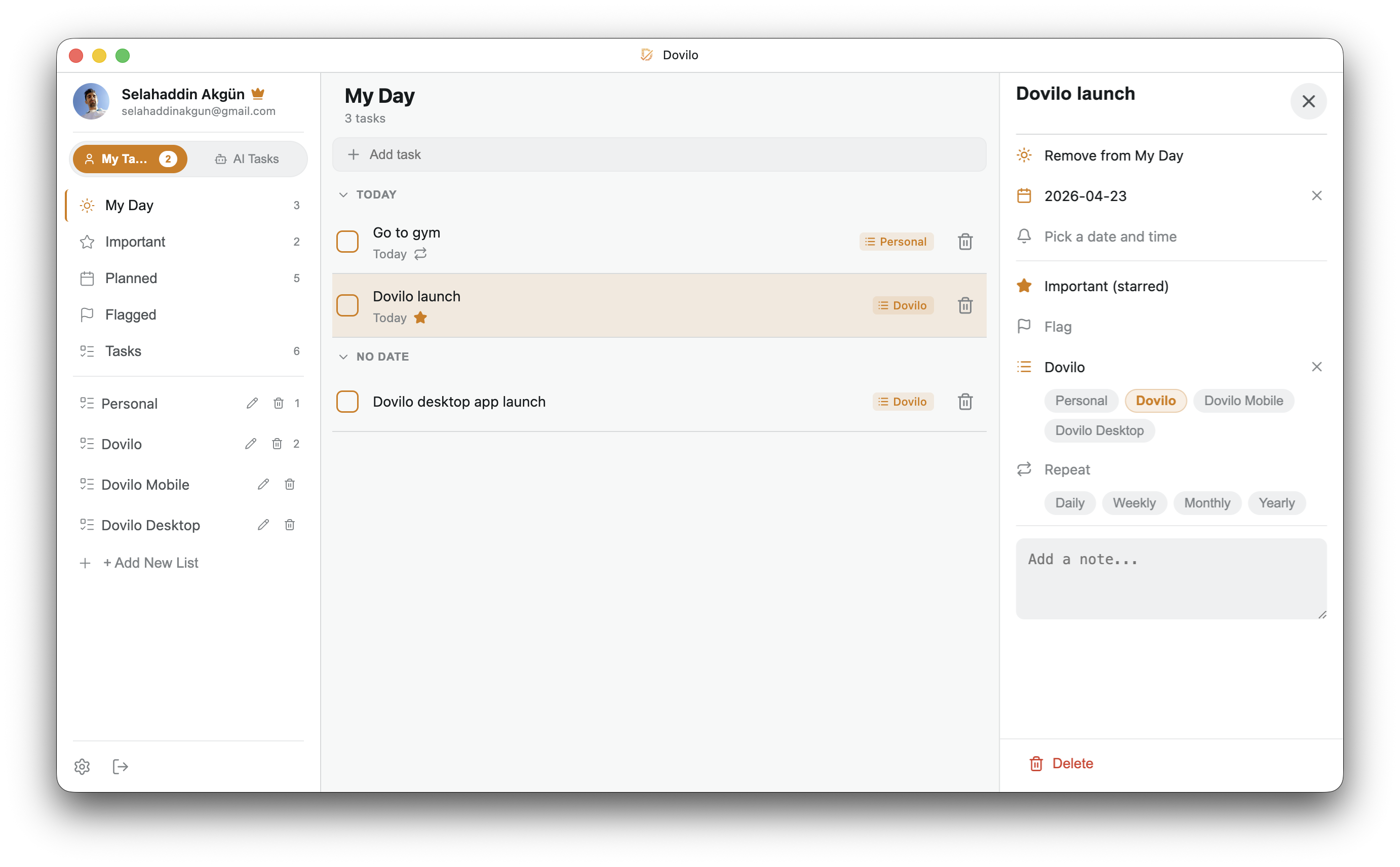 Dovilo desktop app — My Day task list with a selected task detail panel showing due date, list and reminder options