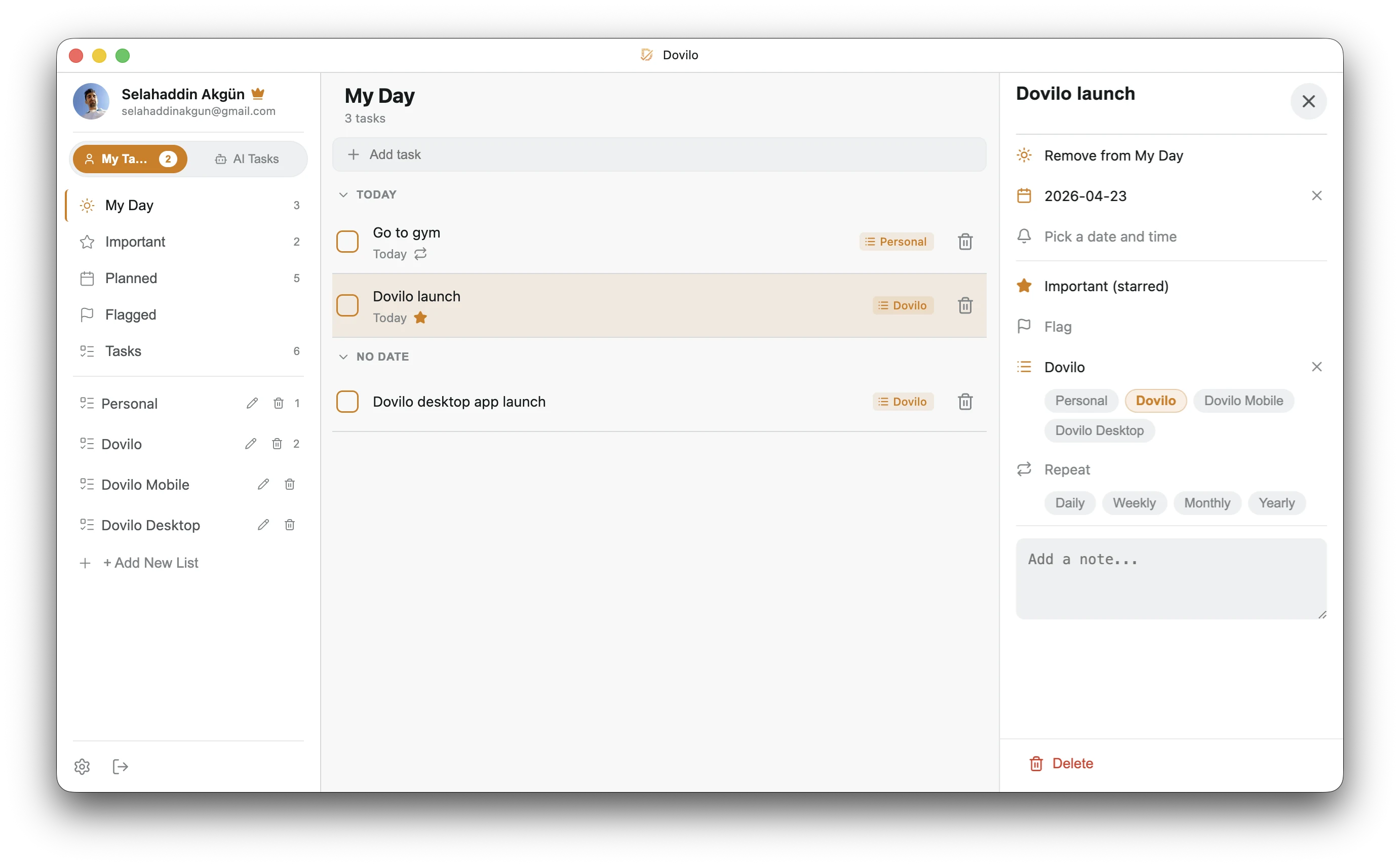 Dovilo desktop app — My Day task list with a selected task detail panel showing due date, list and reminder options