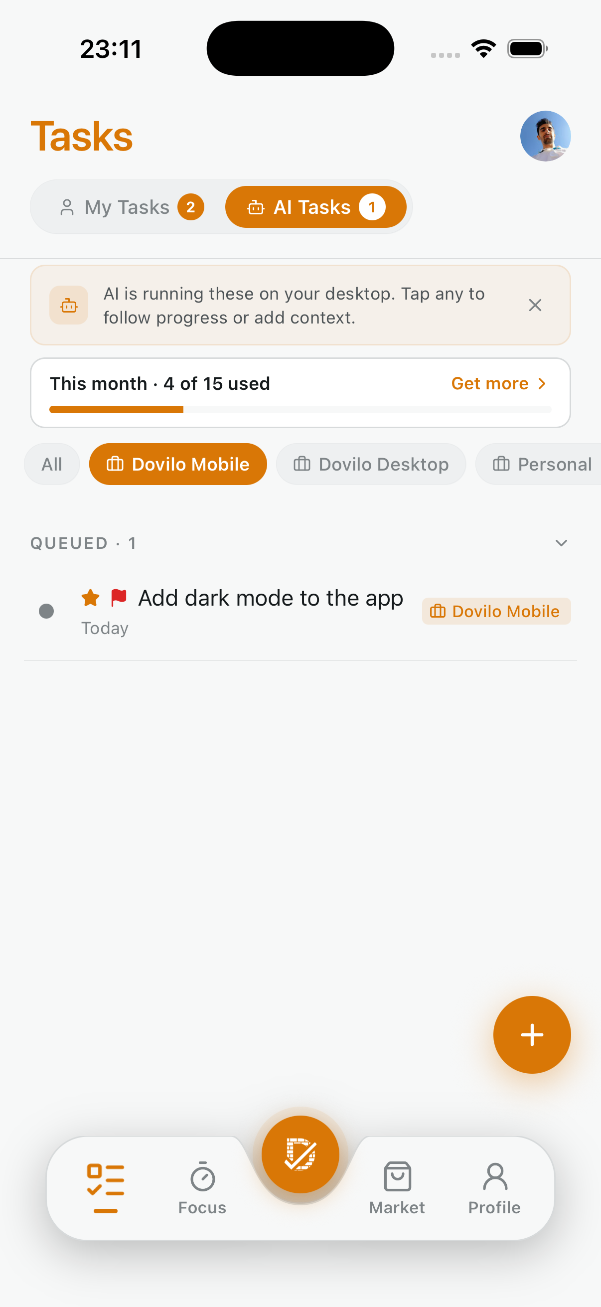 Dovilo mobile AI Tasks — follow agent progress from your phone