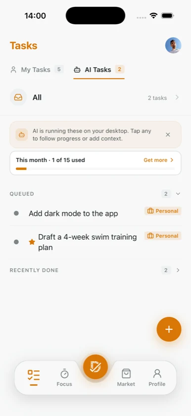Dovilo AI Tasks on mobile — an agent's step-by-step progress with notes and cost