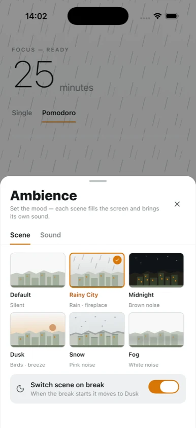 Dovilo ambience scene picker — Rainy City, Midnight, Dusk, Snow and Fog