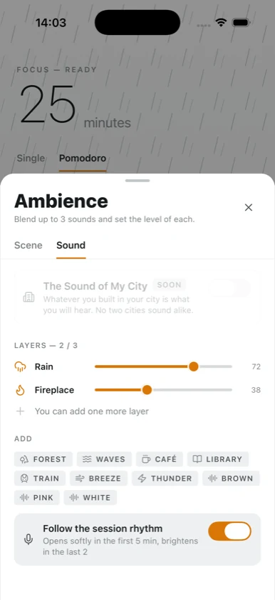Dovilo ambience sound mixer with rain and fireplace layers and level sliders