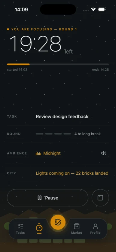Dovilo focus session running in the Midnight ambience scene