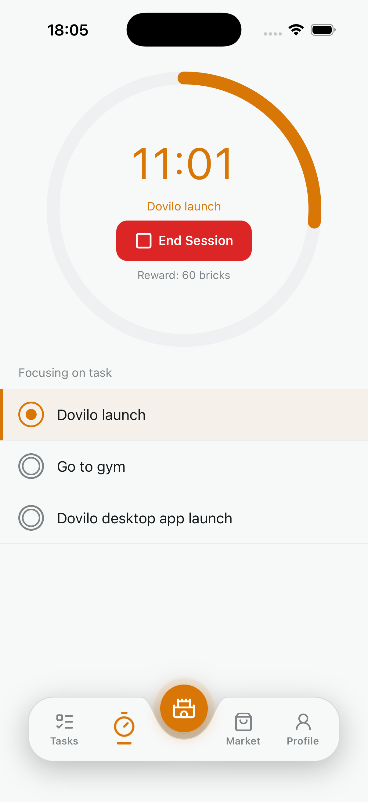 Dovilo focus timer with active Pomodoro session