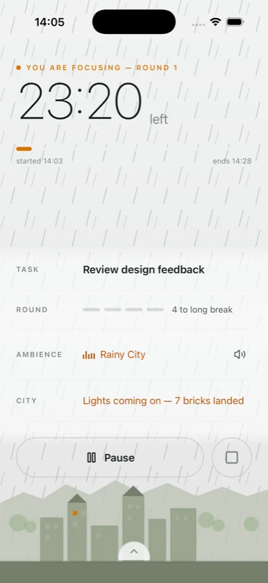 Dovilo focus session running in the Rainy City ambience scene