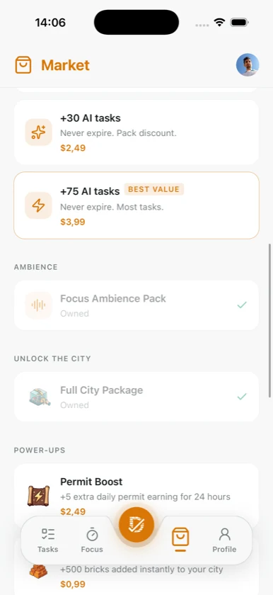 Dovilo Market showing AI task packs, the Focus Ambience Pack and the Full City Package
