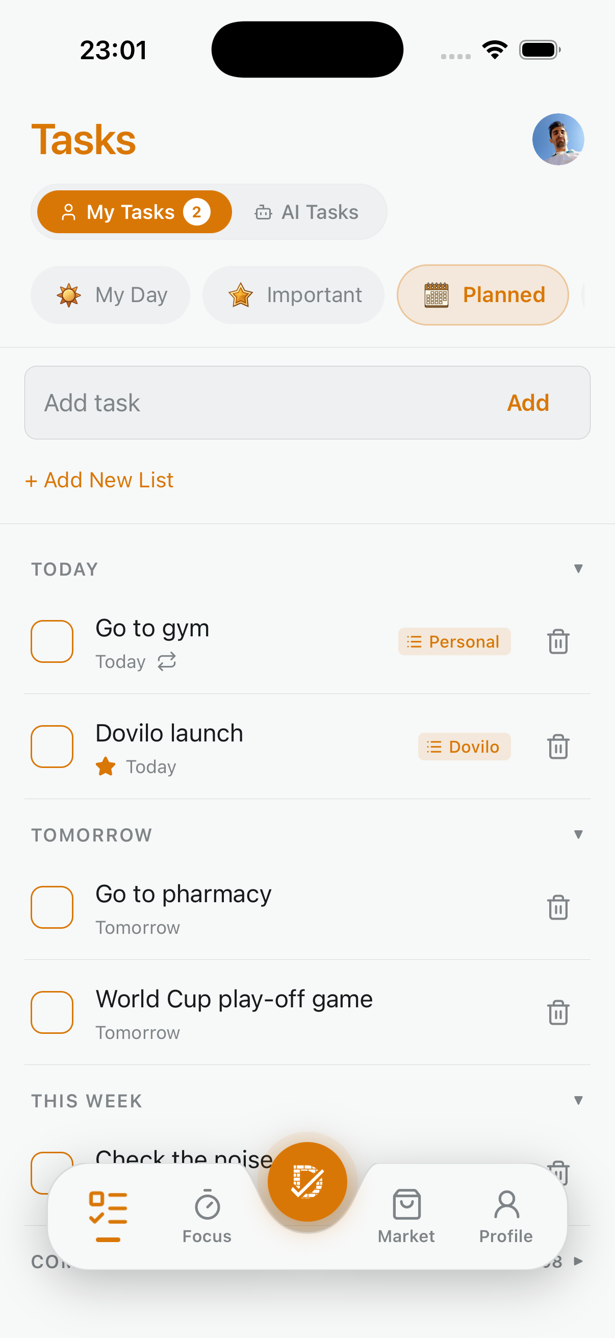Dovilo planned tasks grouped by day