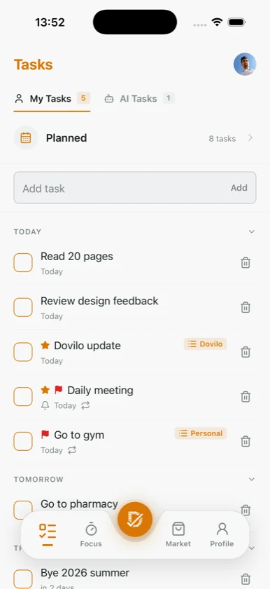 Dovilo planned tasks grouped by day