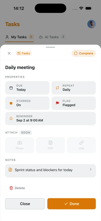 Dovilo task detail with due date, repeat, star, flag and reminder properties