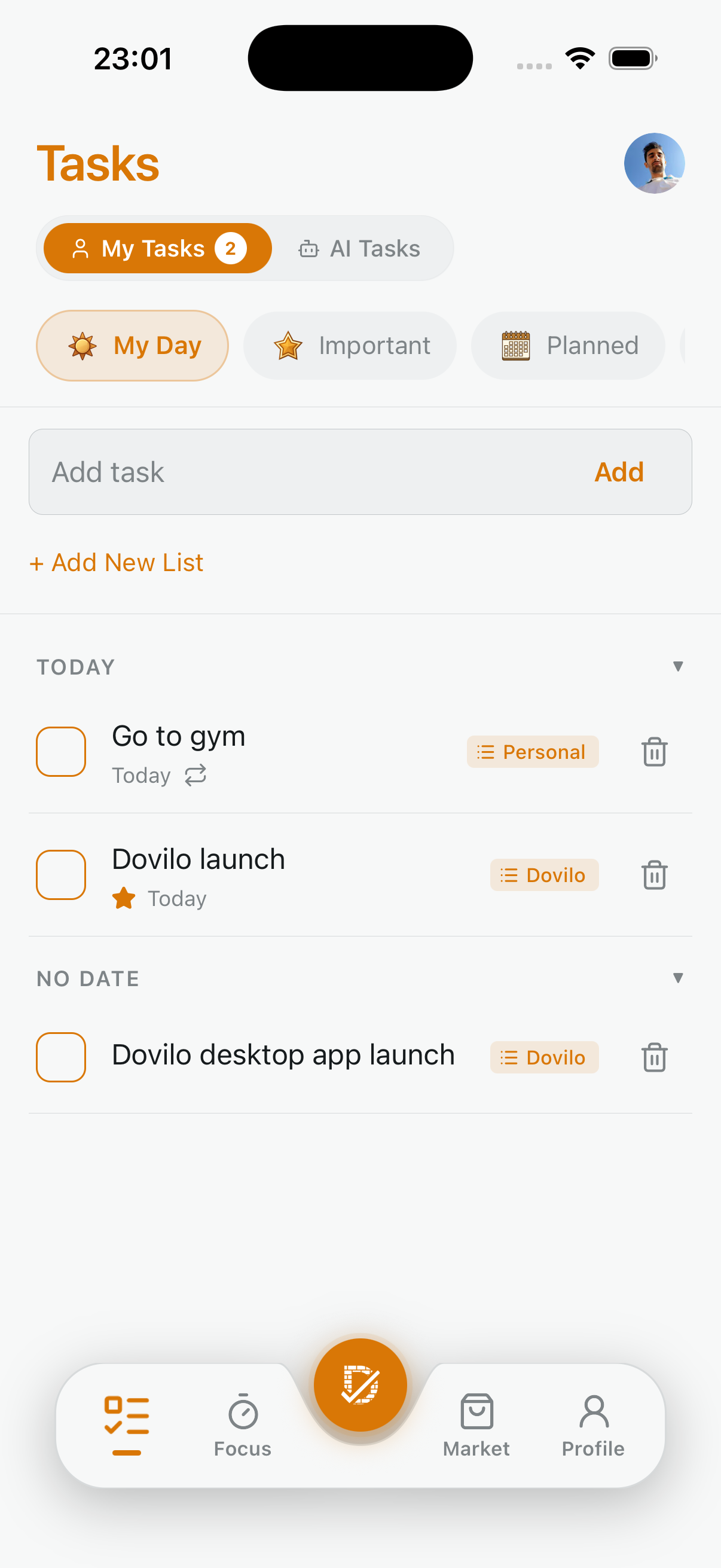 Dovilo My Day task list with today's tasks