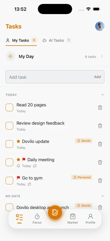 Dovilo My Day task list with today's tasks