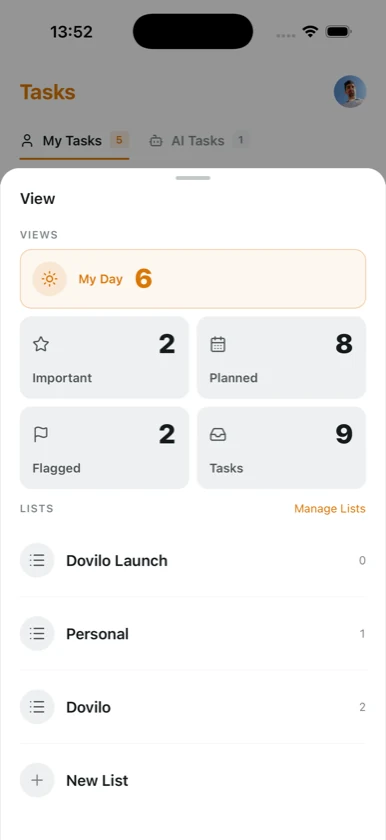 Dovilo view picker showing My Day, Important, Planned, Flagged and custom lists with counts