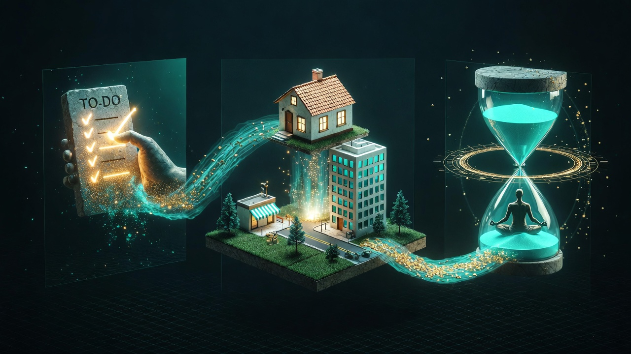 Dovilo App illustration — three portals showing task completion, isometric city building, and Pomodoro focus timer working together as a gamified productivity system